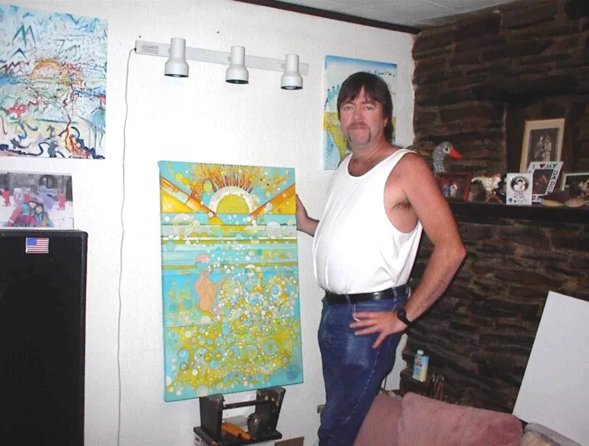 Larry standing next to Forever Blowing Bubbles, propped on his upside-down-stool easel