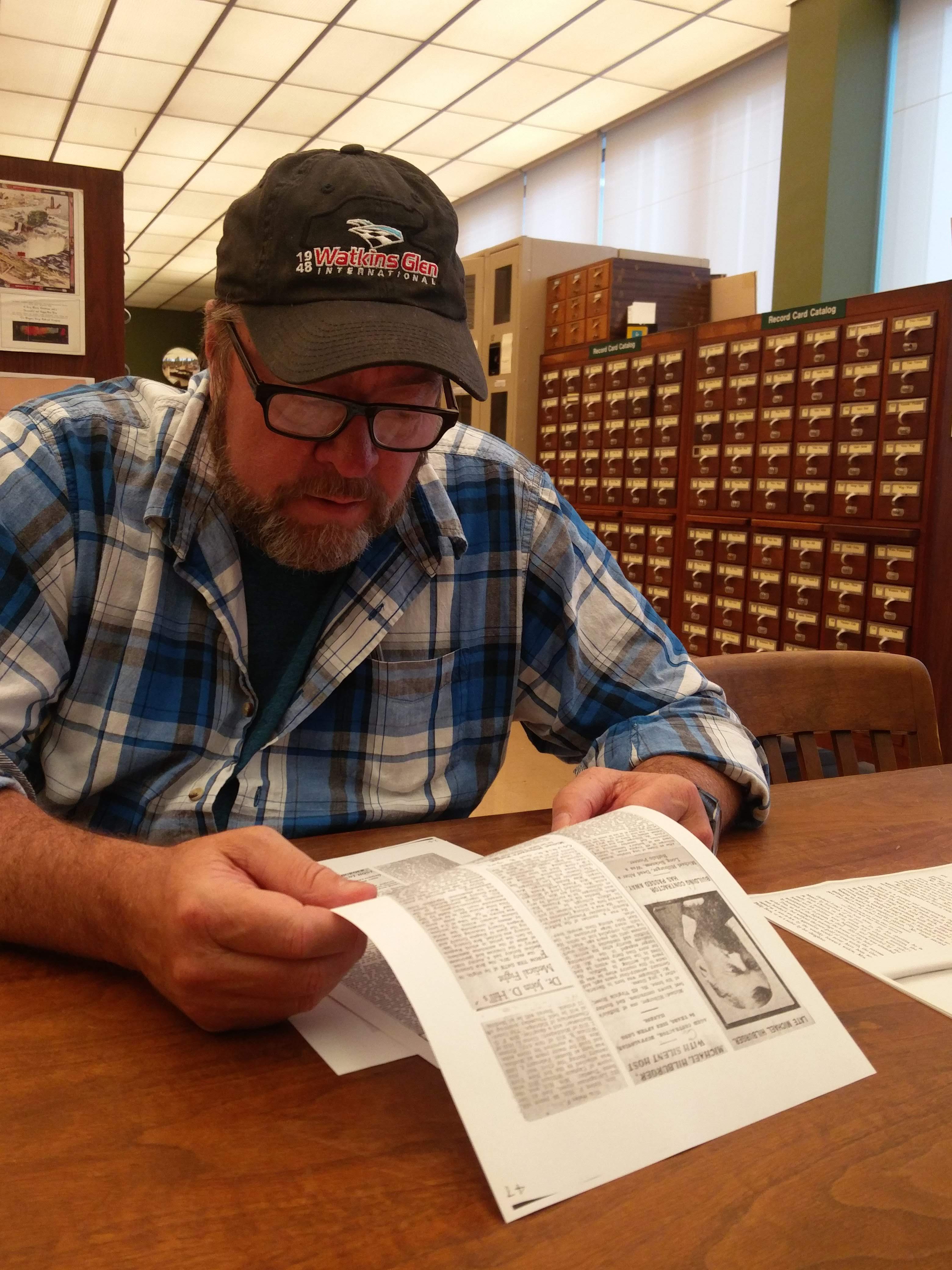 Larry doing Hilburger family history research at the Buffalo and Erie County Public Library, 2018