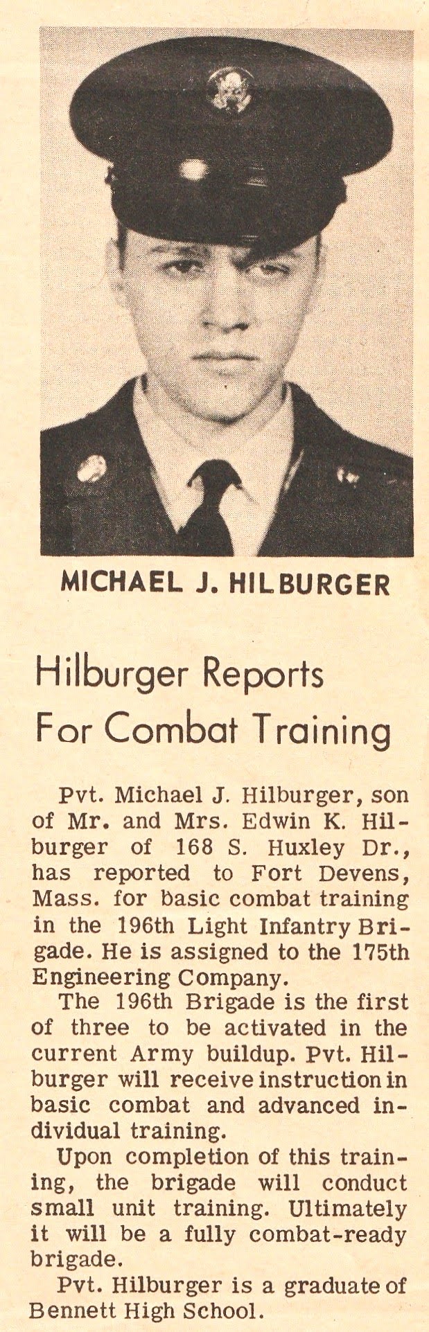 Newspaper clipping: Hilburger Reports For Combat Training
