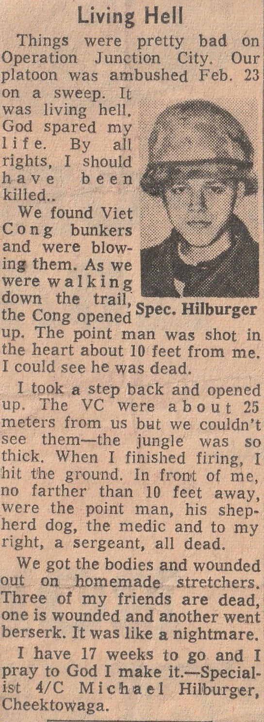 Newspaper clipping: Living Hell, Mike's letter home from Vietnam