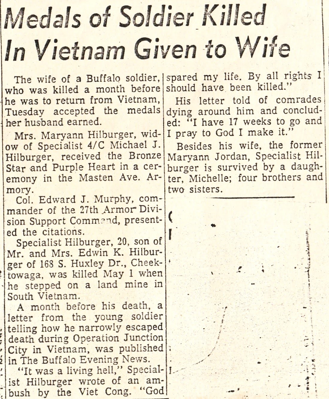 Newspaper clipping: Medals of Soldier Killed in Vietnam Given to Wife