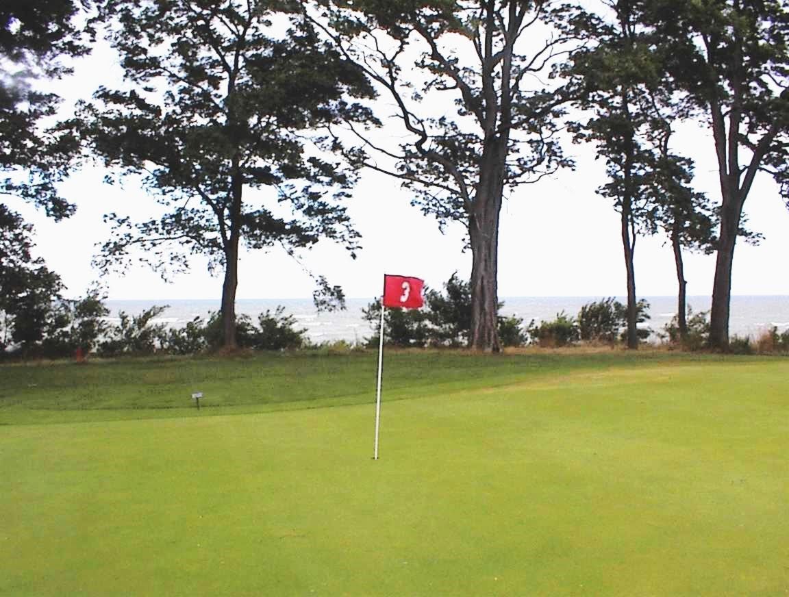 Sugar Hill's third green with a red flag, Lake Erie visible through the trees behind