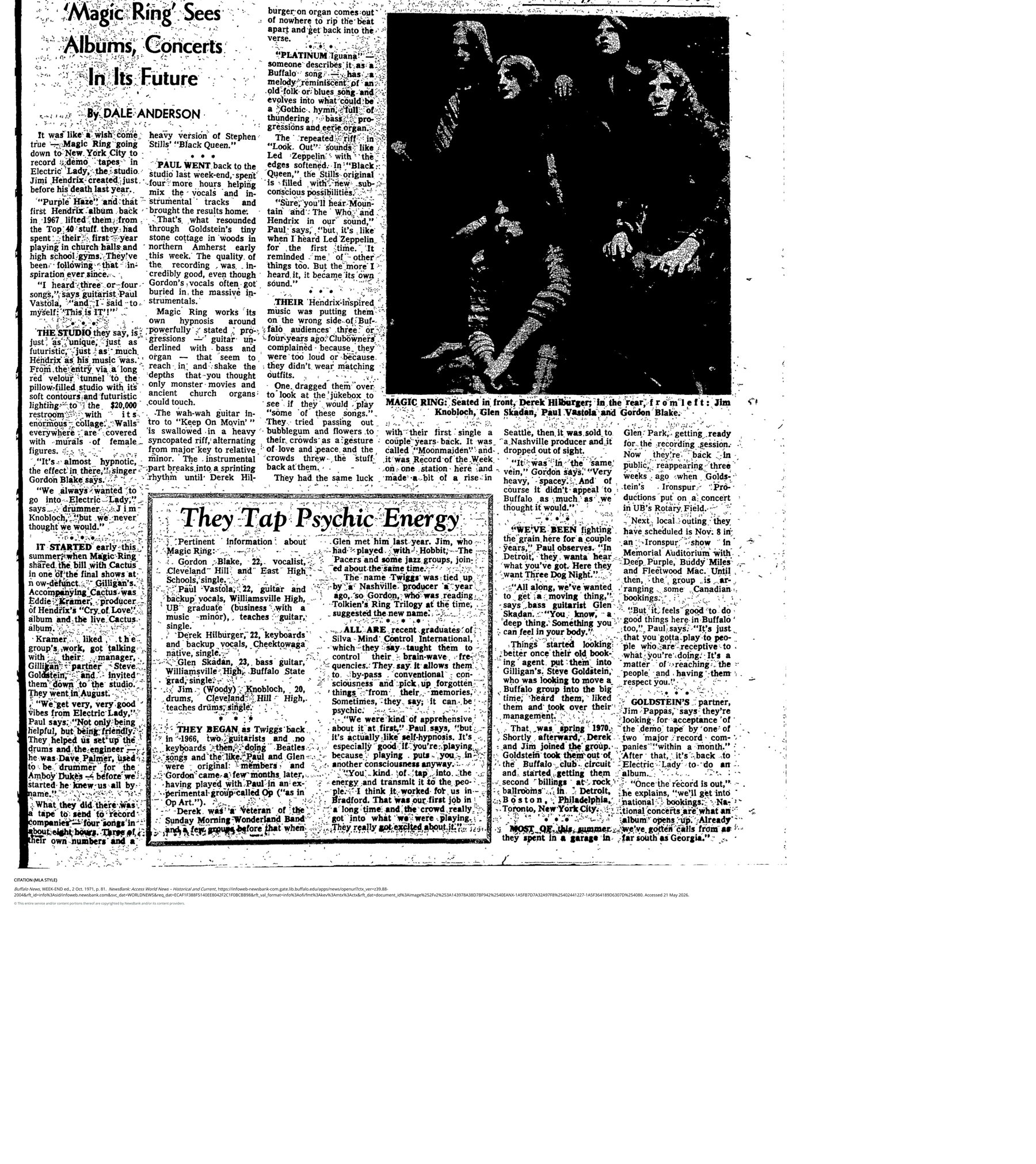 Buffalo Evening News feature from October 2, 1971: ‘Magic Ring’ Sees Albums, Concerts In Its Future, by Dale Anderson