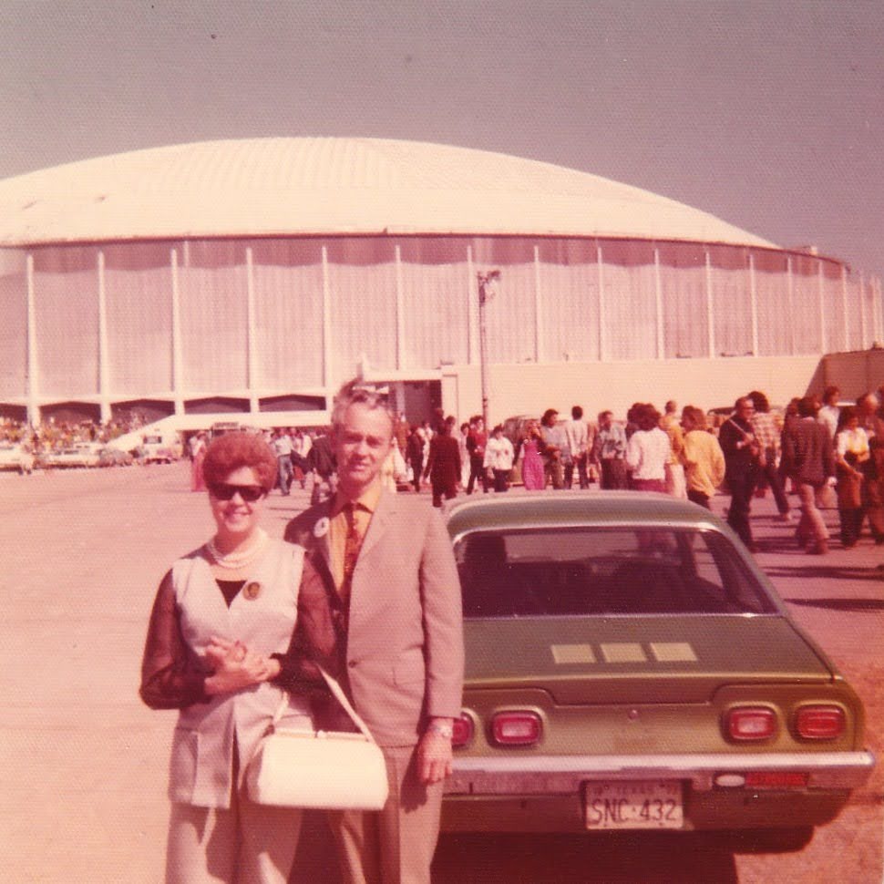 Rosa and Edwin Hilburger outside the Houston Astrodome, November 1973