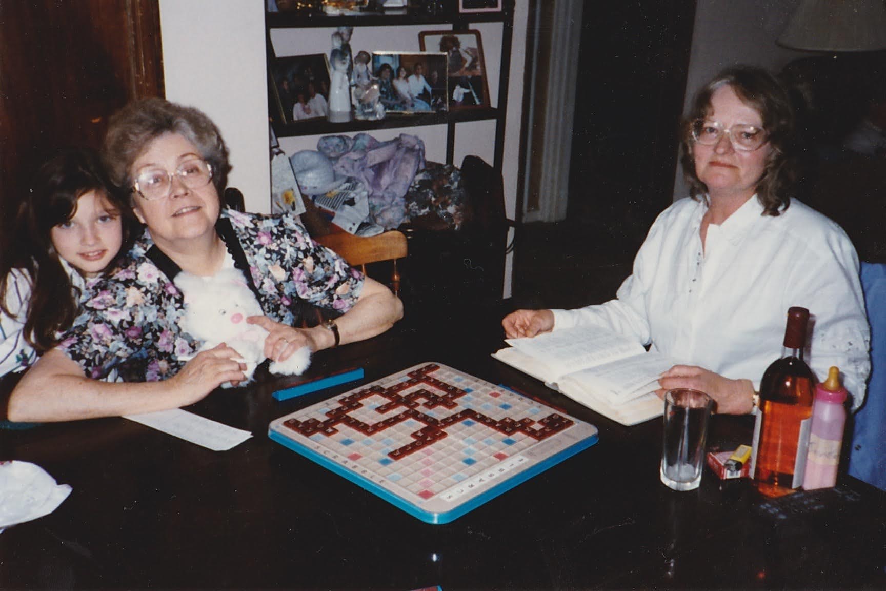 Rosa, Maryann (Mike's wife), and Dawn (Val's daughter) at a Scrabble game