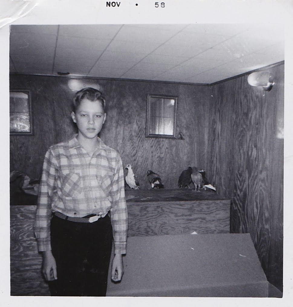 Mike with his pigeons in the basement