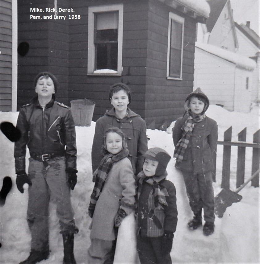 Mike, Rick, Derek, Pam, and Larry in the snow, 1958
